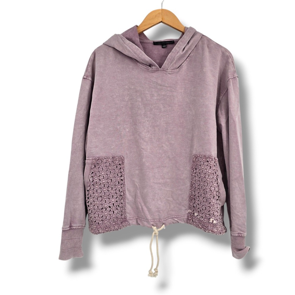 Jane + Delancey Womens Mauve Mineral Wash Eyelet Lace Pocket Hoodie Size Large